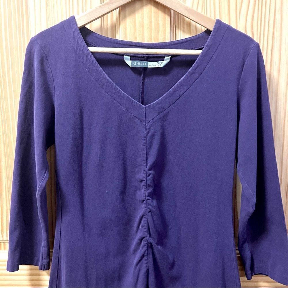 Athleta purple organic cotton ruched front three quarter sleeve dress small S - Picture 2 of 6